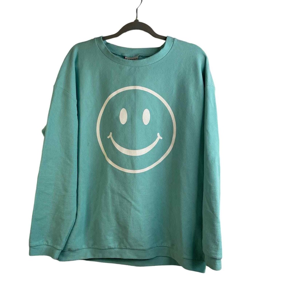 KatyDid Smiley Face‎ Ribbed Waffle Knit Crewneck Sweatshirt Teal Blue L